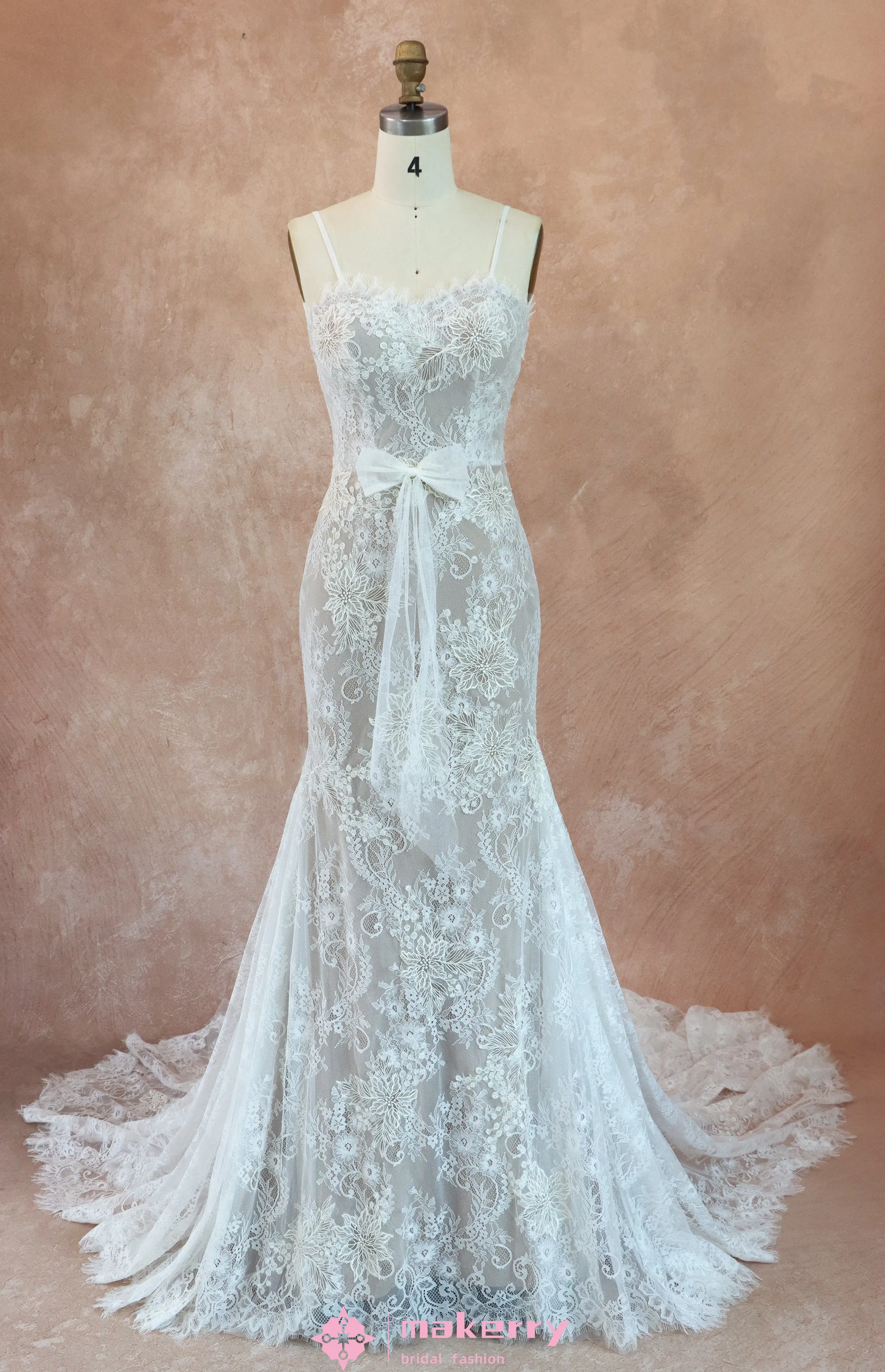 Mermaid Chapel Train Floral Lace Wedding Dress