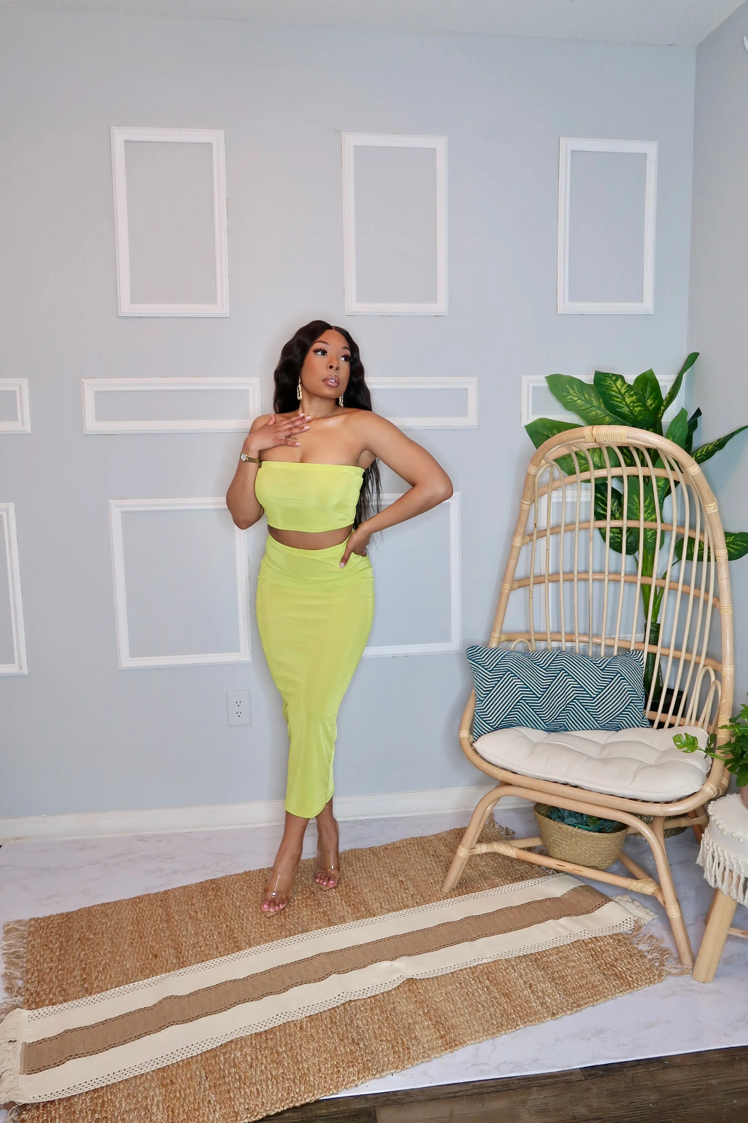 Mya Two Piece Midi Skirt Set- Lime