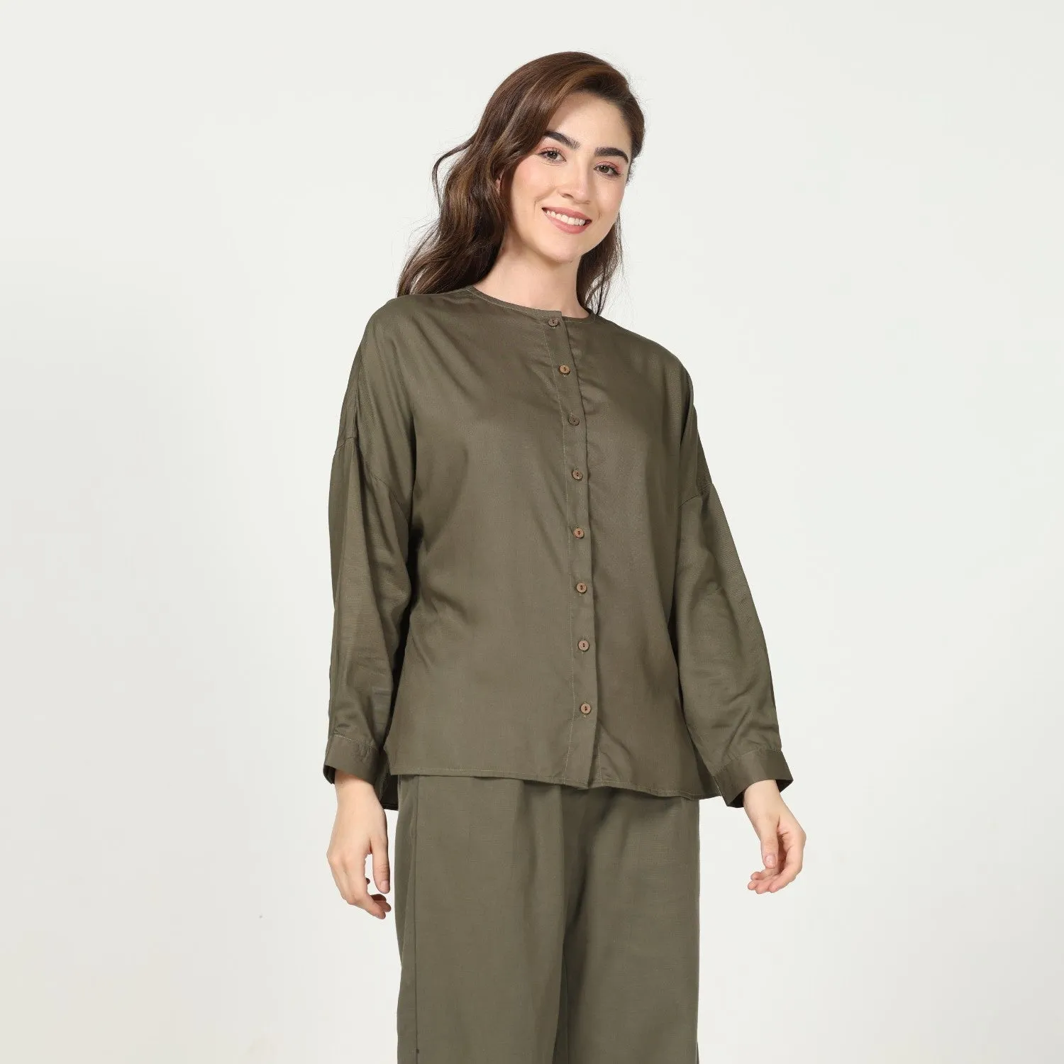 Olive Green Uncollared Women's Shirt In Modal | Effortless Elegance