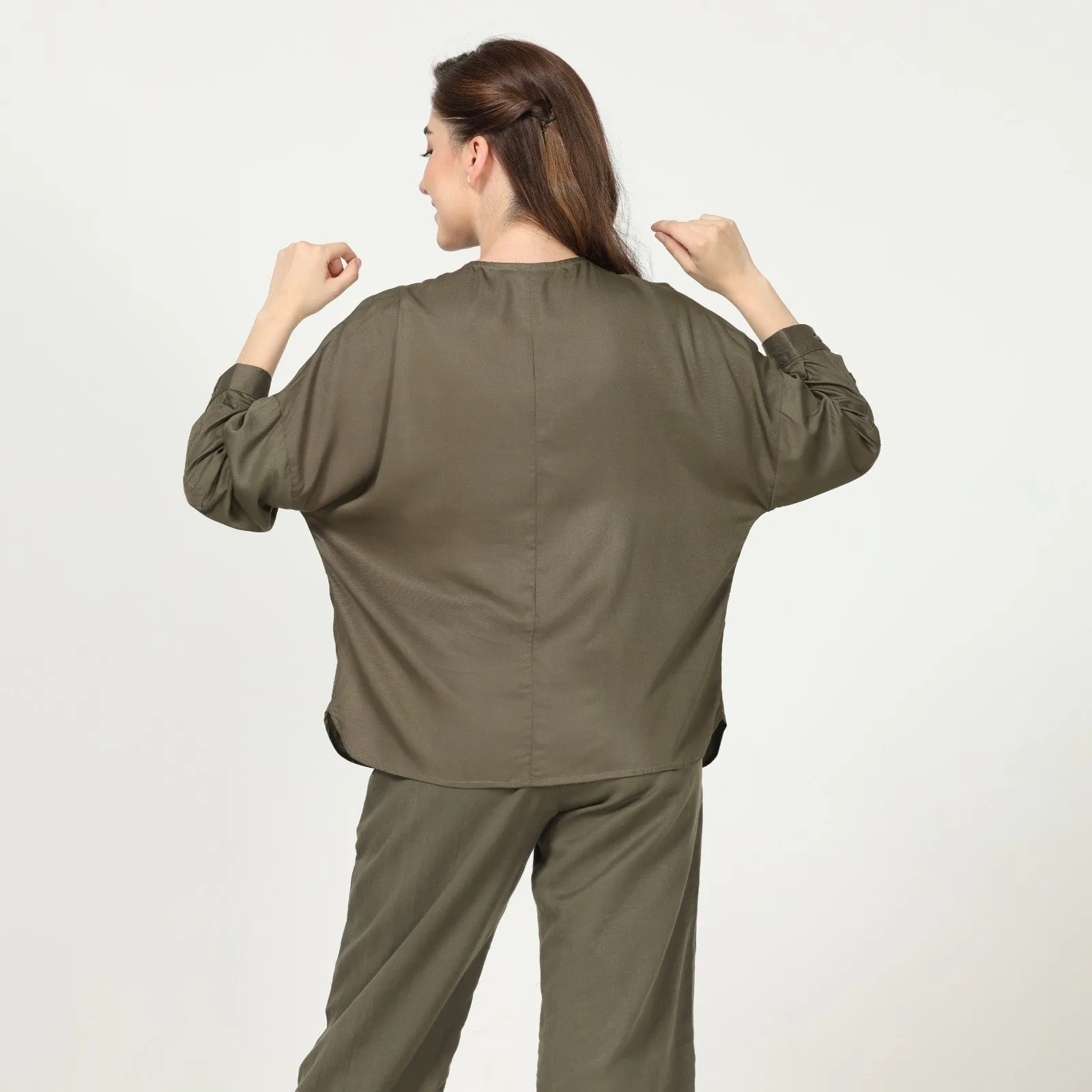 Olive Green Uncollared Women's Shirt In Modal | Effortless Elegance