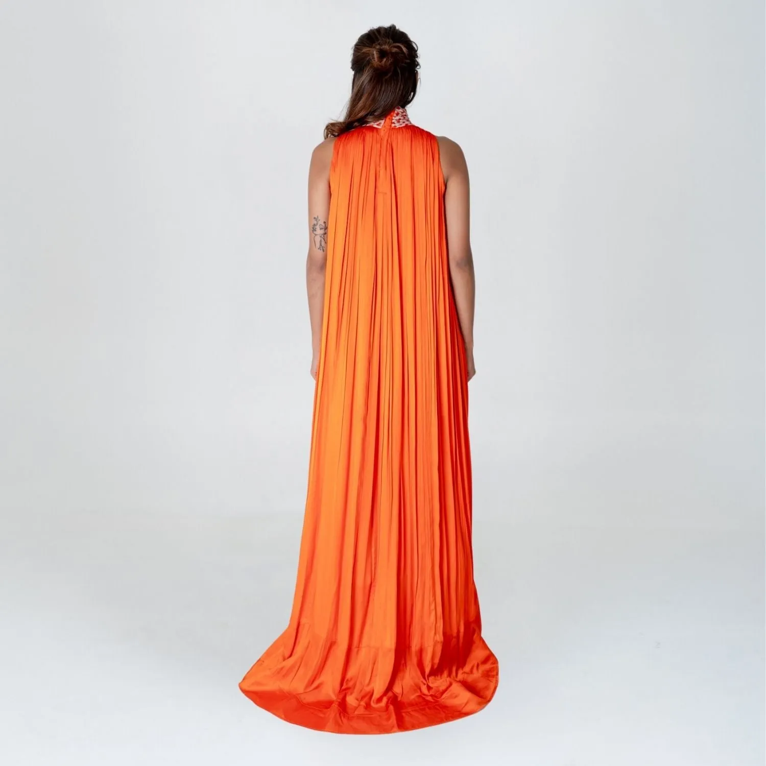Orange Halter Neck Gather Gown | Modal | Effortless Elegant style