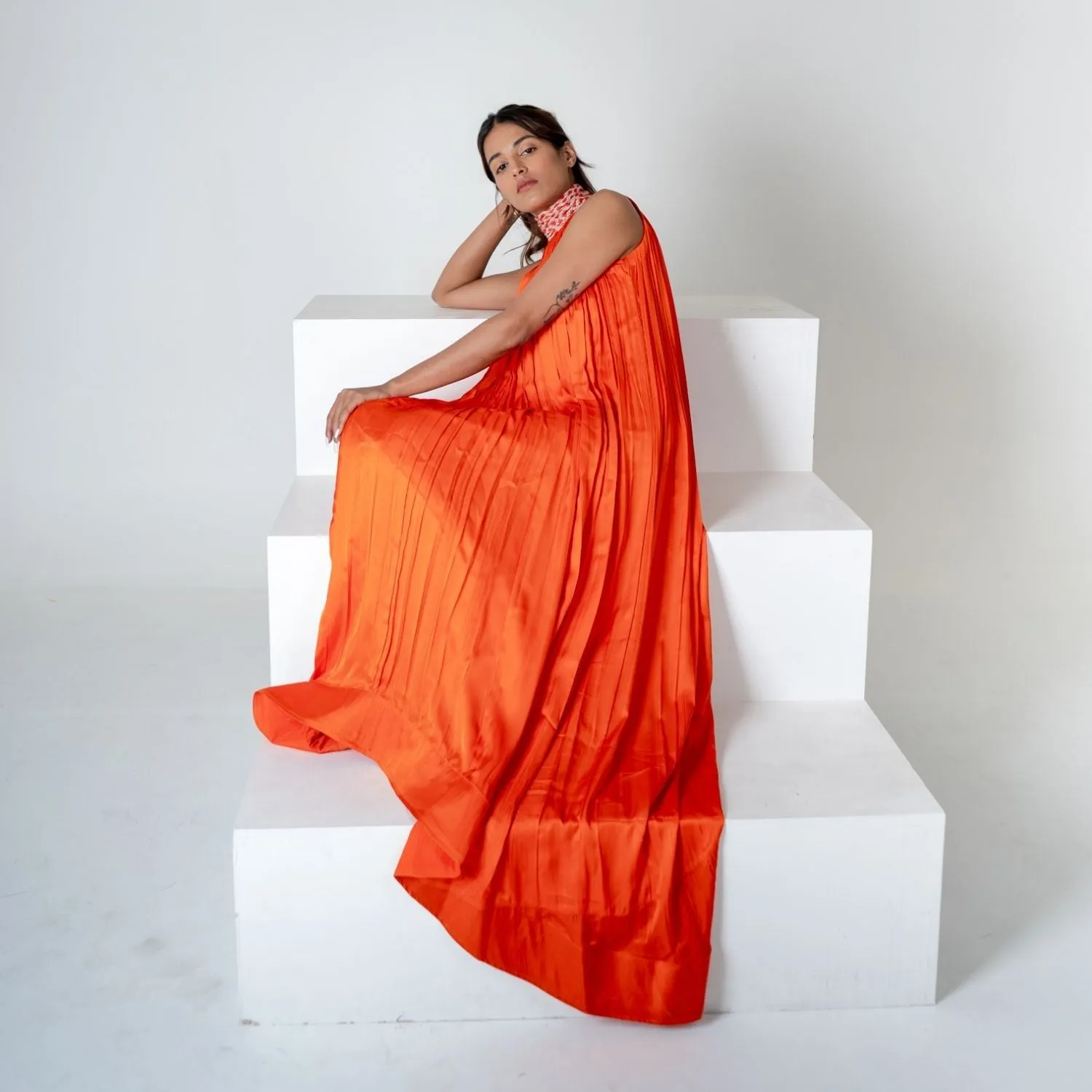 Orange Halter Neck Gather Gown | Modal | Effortless Elegant style