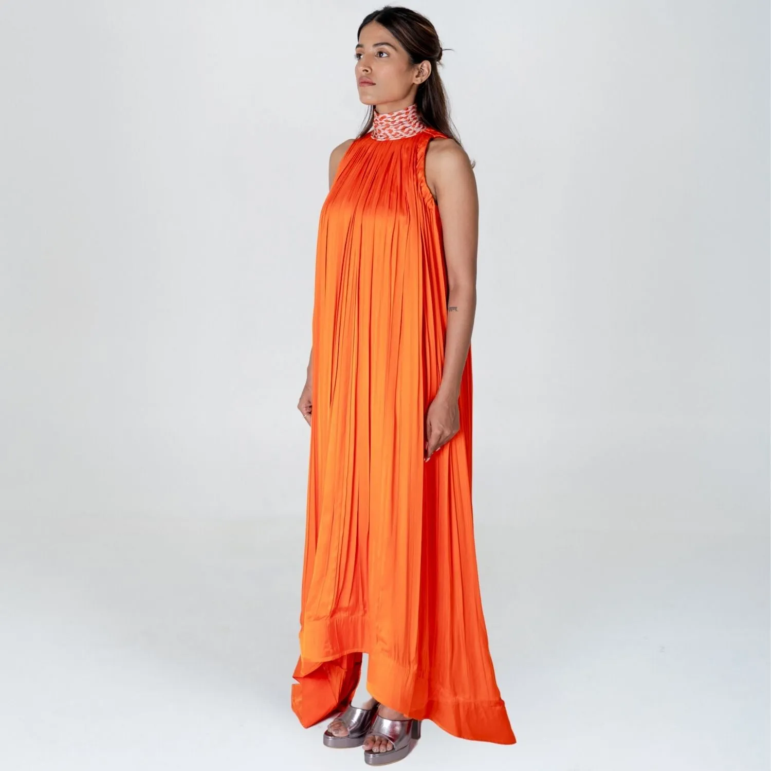 Orange Halter Neck Gather Gown | Modal | Effortless Elegant style