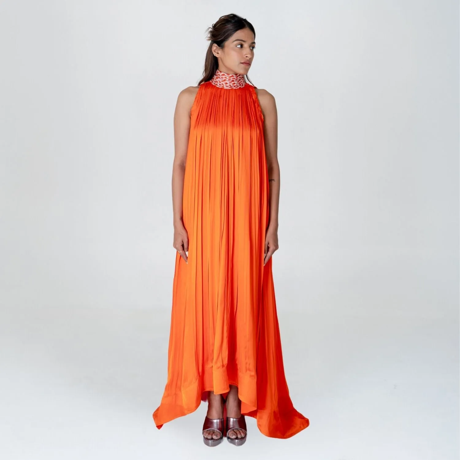 Orange Halter Neck Gather Gown | Modal | Effortless Elegant style