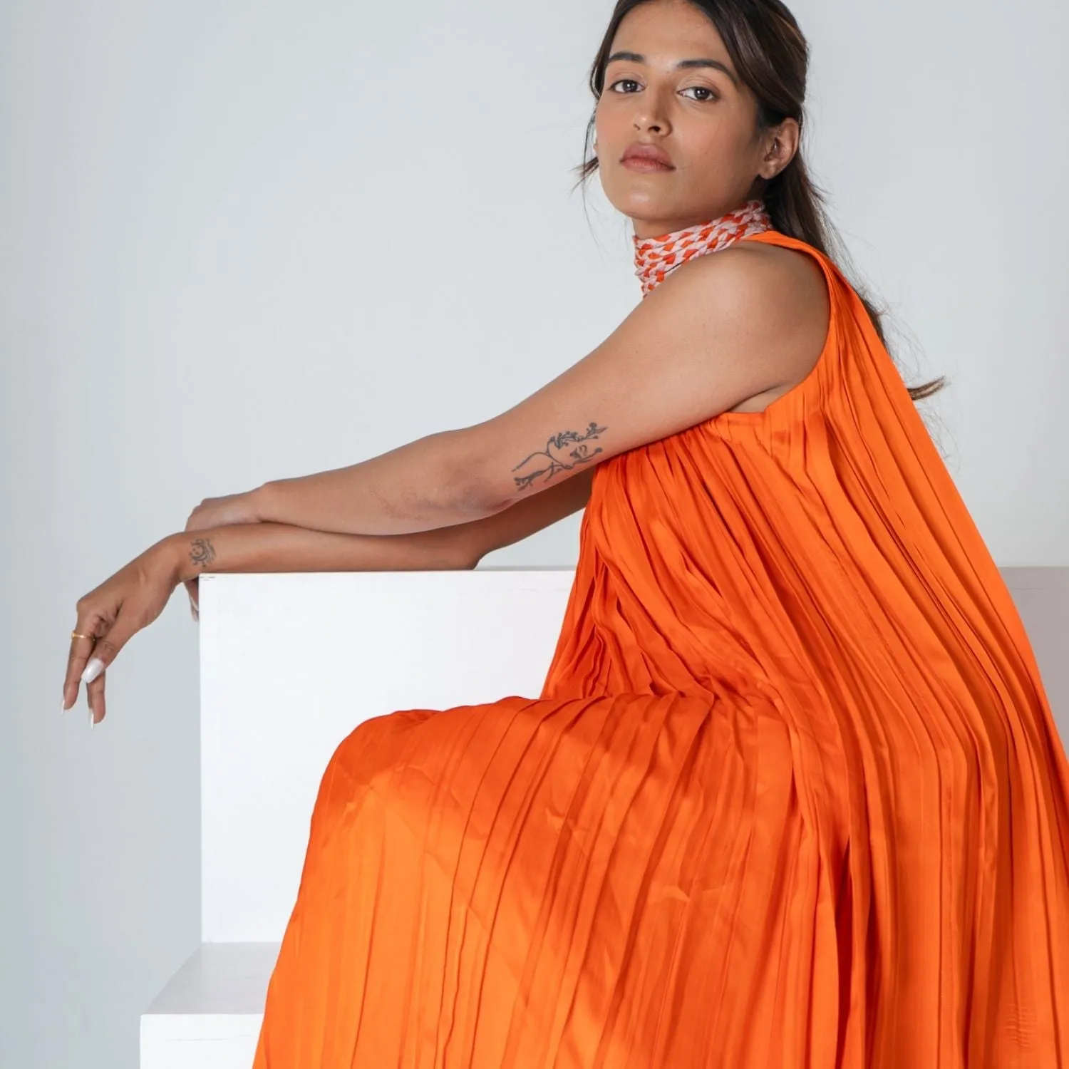 Orange Halter Neck Gather Gown | Modal | Effortless Elegant style