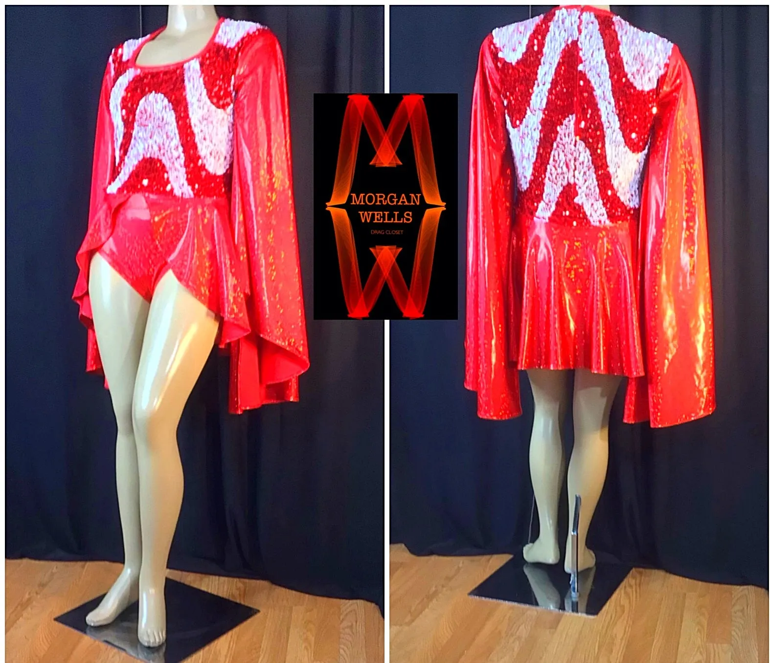 WAVEY SEQUIN AND HOLOGRAM SPANDEX LEOTARD IN RED